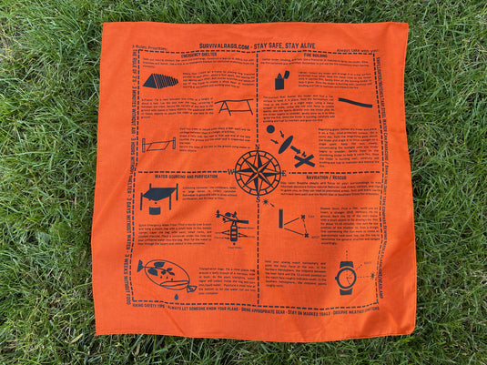 SurvivalRags survival bandana navigation and rescue section showing compass rose and shadow stick technique