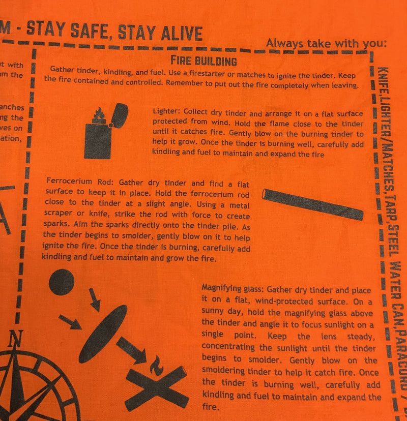 Load image into Gallery viewer, SurvivalRags orange survival bandana full view flat lay on grass showing all printed survival instructions
