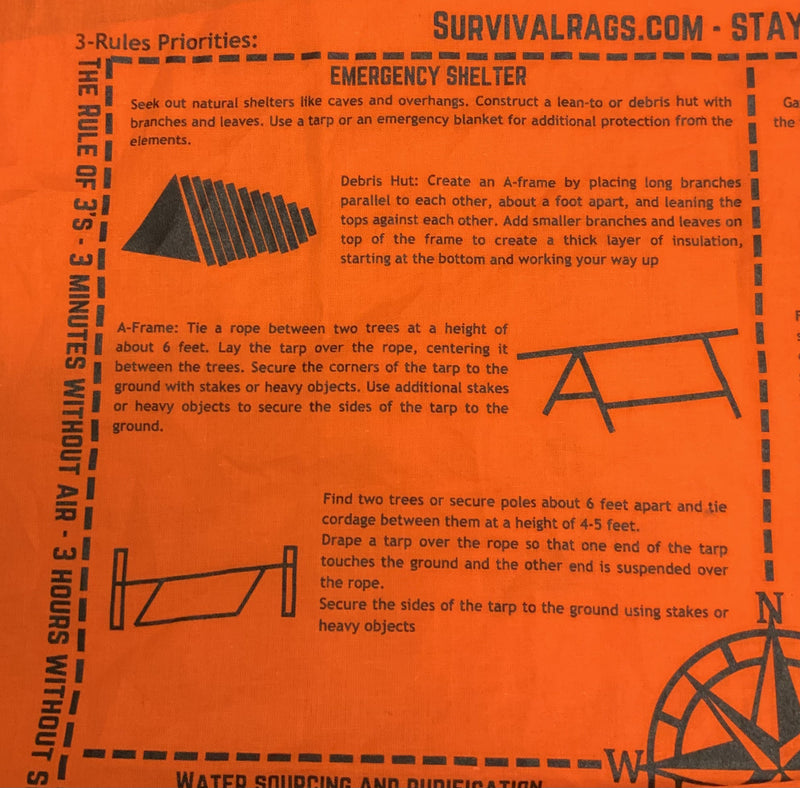 Load image into Gallery viewer, SurvivalRags bandana fire building section showing lighter and ferrocerium rod instructions
