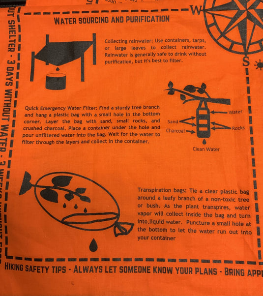 SurvivalRags bandana emergency shelter section showing debris hut and A-frame tarp shelter instructions