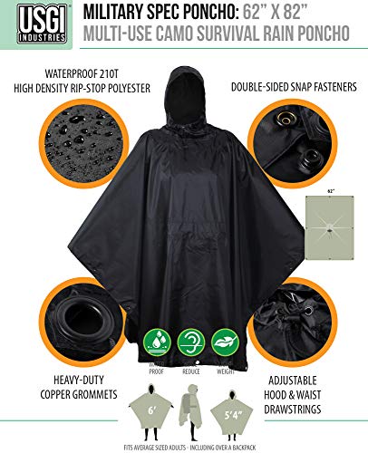 Load image into Gallery viewer, USGI Industries Military Style Poncho | Lightweight Tactical Multi Use Rip Stop Camouflage Rain Poncho | Perfect for Hiking, Hunting, Emergency Tent, Survival (Jet Black)
