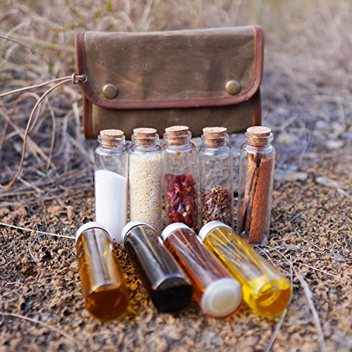 ULUZE Camping Spice Bag Kit with 9 Glass Spice Jars, Wax Canvas Storage Bag, Portable Travel Holder Hiking bushcraft Spice Kit and Oil Pouch Khaki